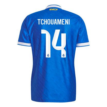 Jogador TCHOUAMENI #14 Real Madrid Fora Terceira Futebol Camisas 2025/26 Azul