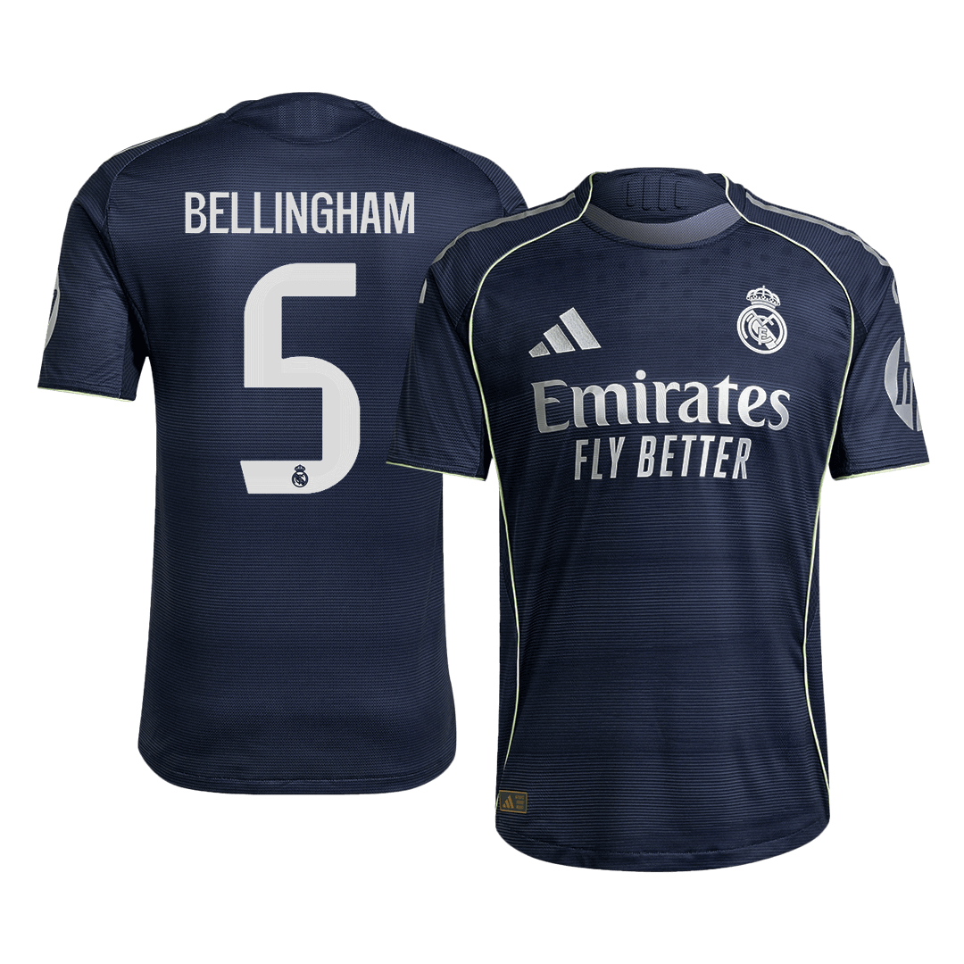 Jogador BELLINGHAM #5 Real Madrid Fora Futebol Camisas 2025/26 Marinha camisola de futebol