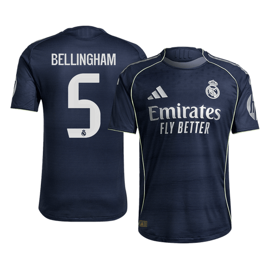 Jogador BELLINGHAM #5 Real Madrid Fora Futebol Camisas 2025/26 Marinha camisola de futebol