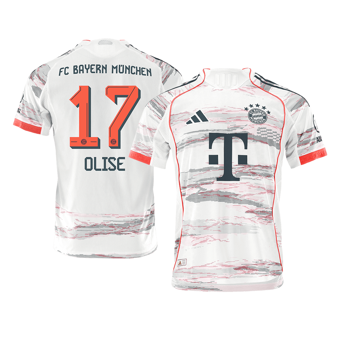 Jogador OLISE #17 Bayern Munich Fora Futebol Camisas 2025/26 Branco camisola de futebol