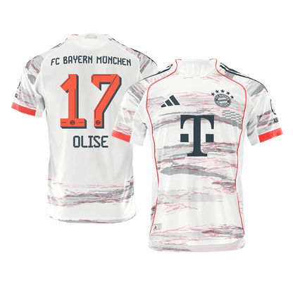 Jogador OLISE #17 Bayern Munich Fora Futebol Camisas 2025/26 Branco camisola de futebol