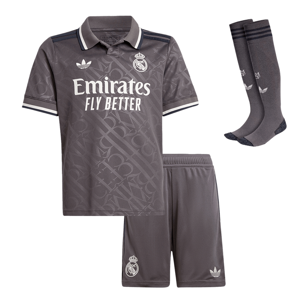 Kit de camisa de futebol terceiro fora de casa do Real Madrid infantil (camisa + shorts + meias) 202