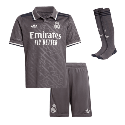 Kit de camisa de futebol terceiro fora de casa do Real Madrid infantil (camisa + shorts + meias) 202