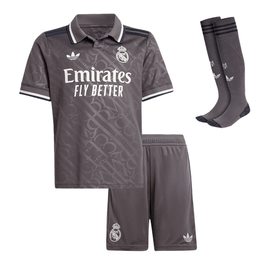 Kit de camisa de futebol terceiro fora de casa do Real Madrid infantil (camisa + shorts + meias) 202