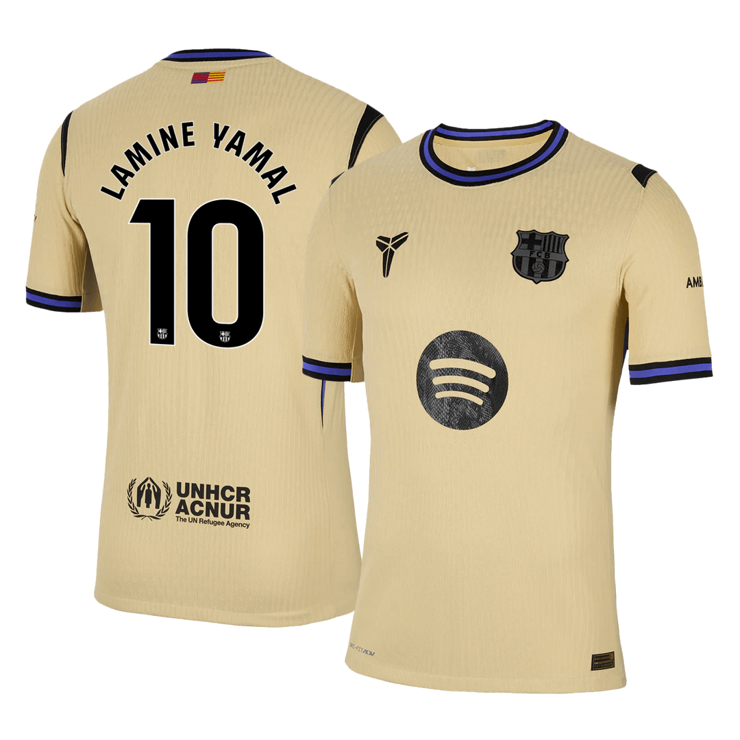 Jogador LAMINE YAMAL #10 Barcelona Fora UCL Futebol Camisas 2025/26 Amarelo - UCL camisola de futebo