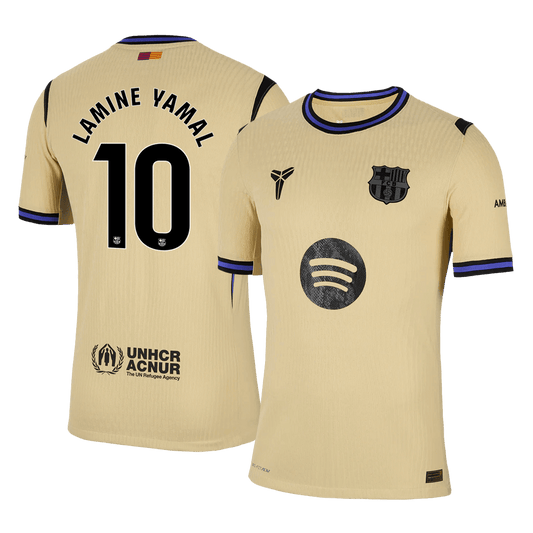 Jogador LAMINE YAMAL #10 Barcelona Fora UCL Futebol Camisas 2025/26 Amarelo - UCL camisola de futebo