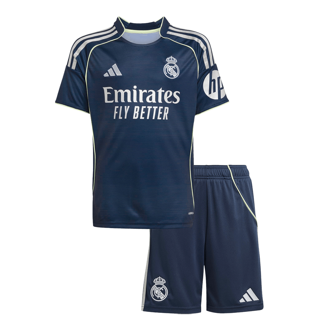 Infantil Real Madrid Fora Futebol Camisa Conjunto(Camisa+Calção) 2025/26 Azul&Marinho camisola de fu