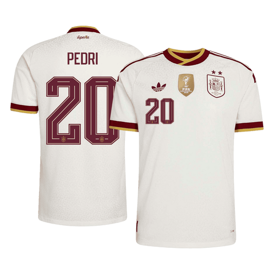 Versão do Jogador PEDRI #20 Spain Fora Copa do Mundo Futebol Camisas 2026 Branco