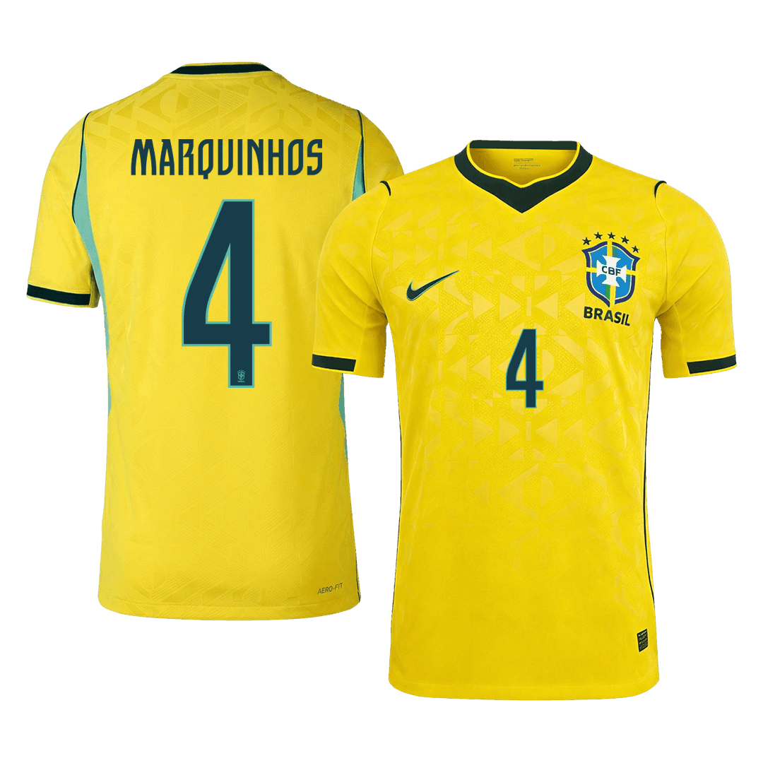 Versão do Jogador MARQUINHOS #4 Brasil Casa Copa do Mundo Futebol Camisas 2026 Amarelo
