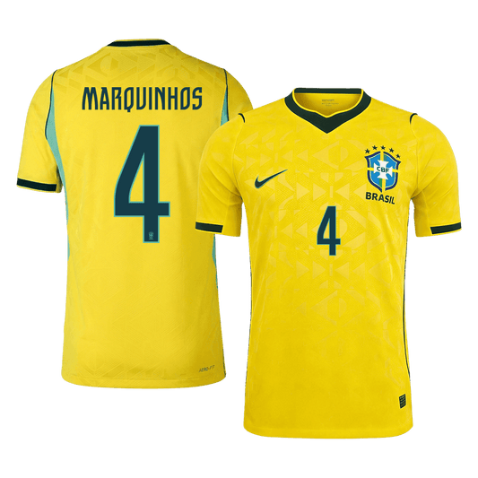 Versão do Jogador MARQUINHOS #4 Brasil Casa Copa do Mundo Futebol Camisas 2026 Amarelo