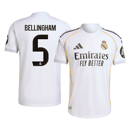 Jogador BELLINGHAM #5 Real Madrid Casa Futebol Camisas 2025/26 Branco camisola de futebol