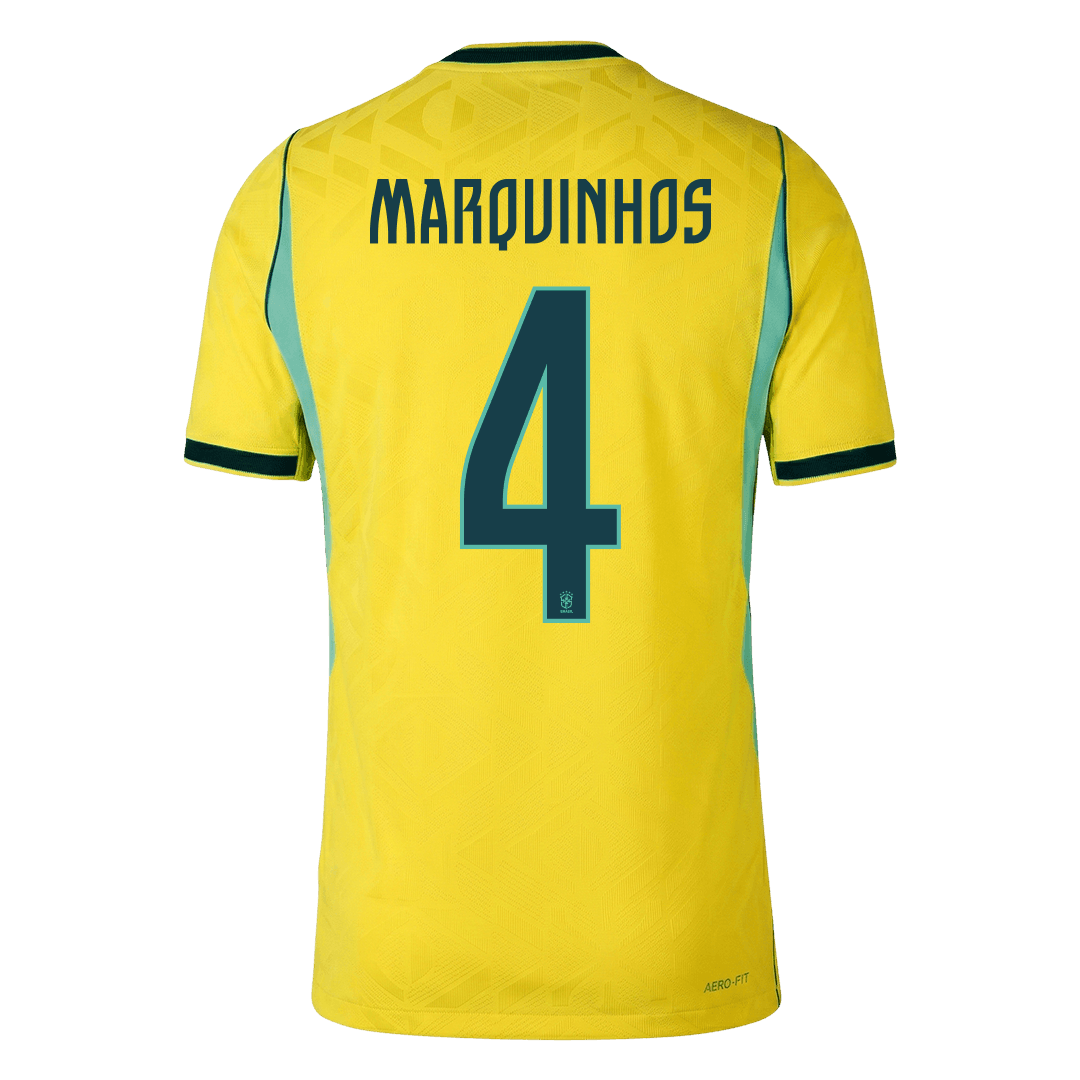 Versão do Jogador MARQUINHOS #4 Brasil Casa Copa do Mundo Futebol Camisas 2026 Amarelo