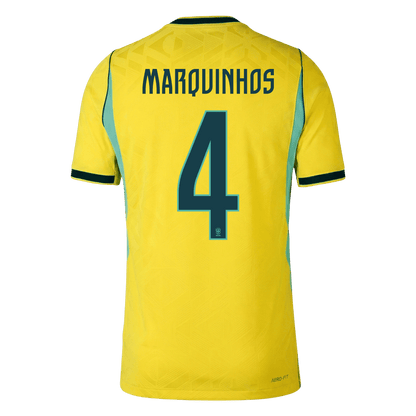 Versão do Jogador MARQUINHOS #4 Brasil Casa Copa do Mundo Futebol Camisas 2026 Amarelo