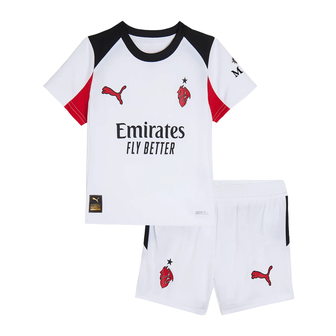 AC Milan Infantil Fora Conjunto (Camisa + Calção) 2025/26 Branco camisola de futebol