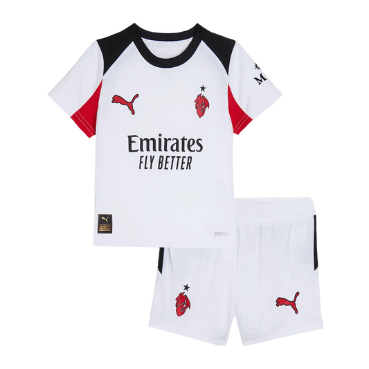 AC Milan Infantil Fora Conjunto (Camisa + Calção) 2025/26 Branco camisola de futebol