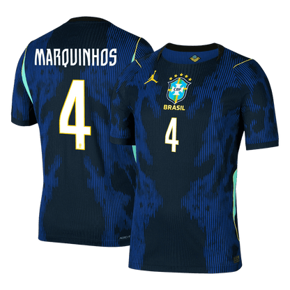 Versão do Jogador MARQUINHOS #4 Brasil Fora Copa do Mundo Futebol Camisas 2026 Marinha