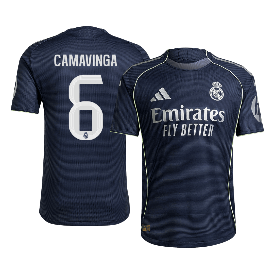 Jogador CAMAVINGA #6 Real Madrid Fora Futebol Camisas 2025/26 Marinha camisola de futebol