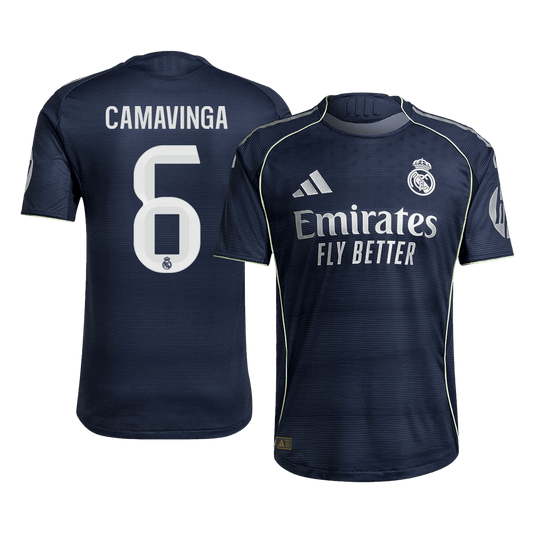 Jogador CAMAVINGA #6 Real Madrid Fora Futebol Camisas 2025/26 Marinha camisola de futebol