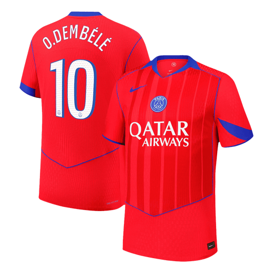 Jogador O.DEMBÉLÉ #10 PSG Fora Terceira Futebol Camisas 2025/26 Vermelho camisola de futebol