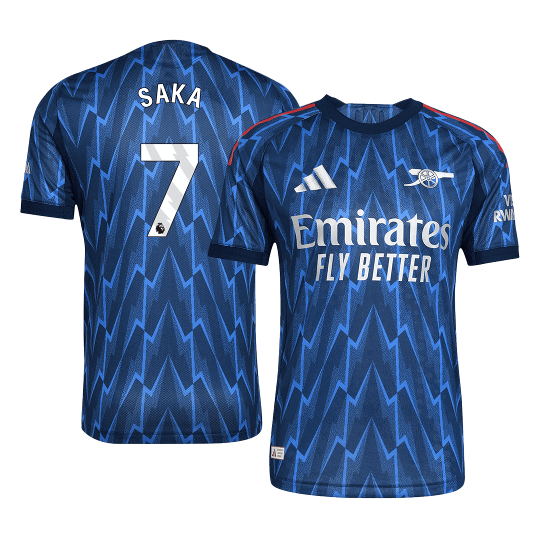 Jogador SAKA #7 Arsenal Fora Futebol Camisas 2025/26 Azul camisola de futebol