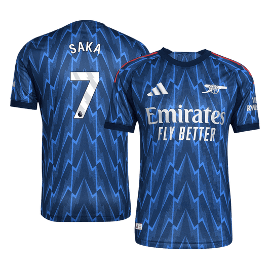 Jogador SAKA #7 Arsenal Fora Futebol Camisas 2025/26 Azul camisola de futebol