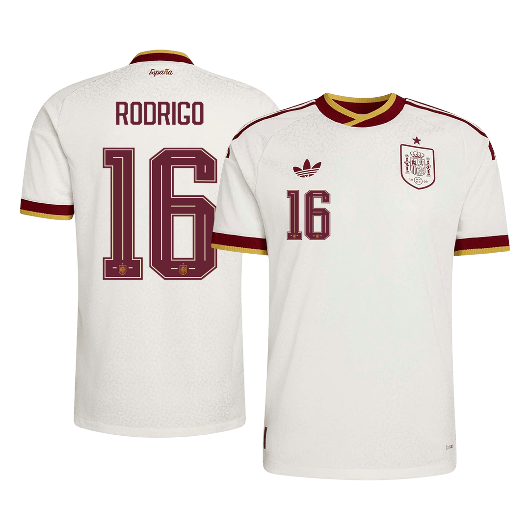 Versão do Jogador RODRIGO #16 Espanha Fora Copa do Mundo Futebol Camisas 2026 Branco