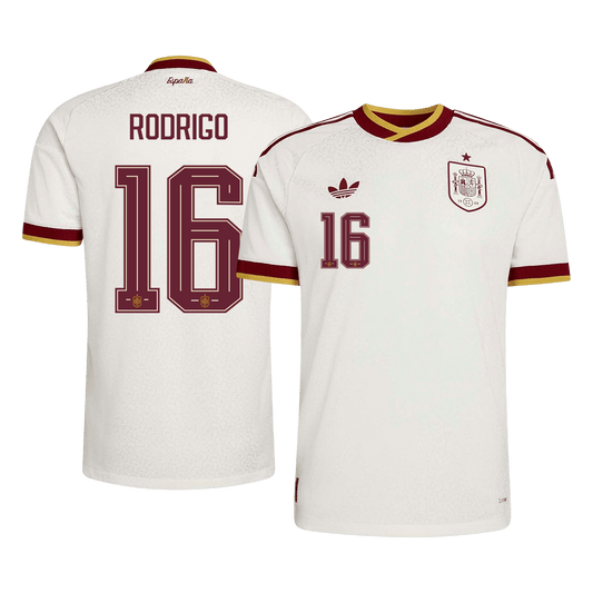 Versão do Jogador RODRIGO #16 Espanha Fora Copa do Mundo Futebol Camisas 2026 Branco