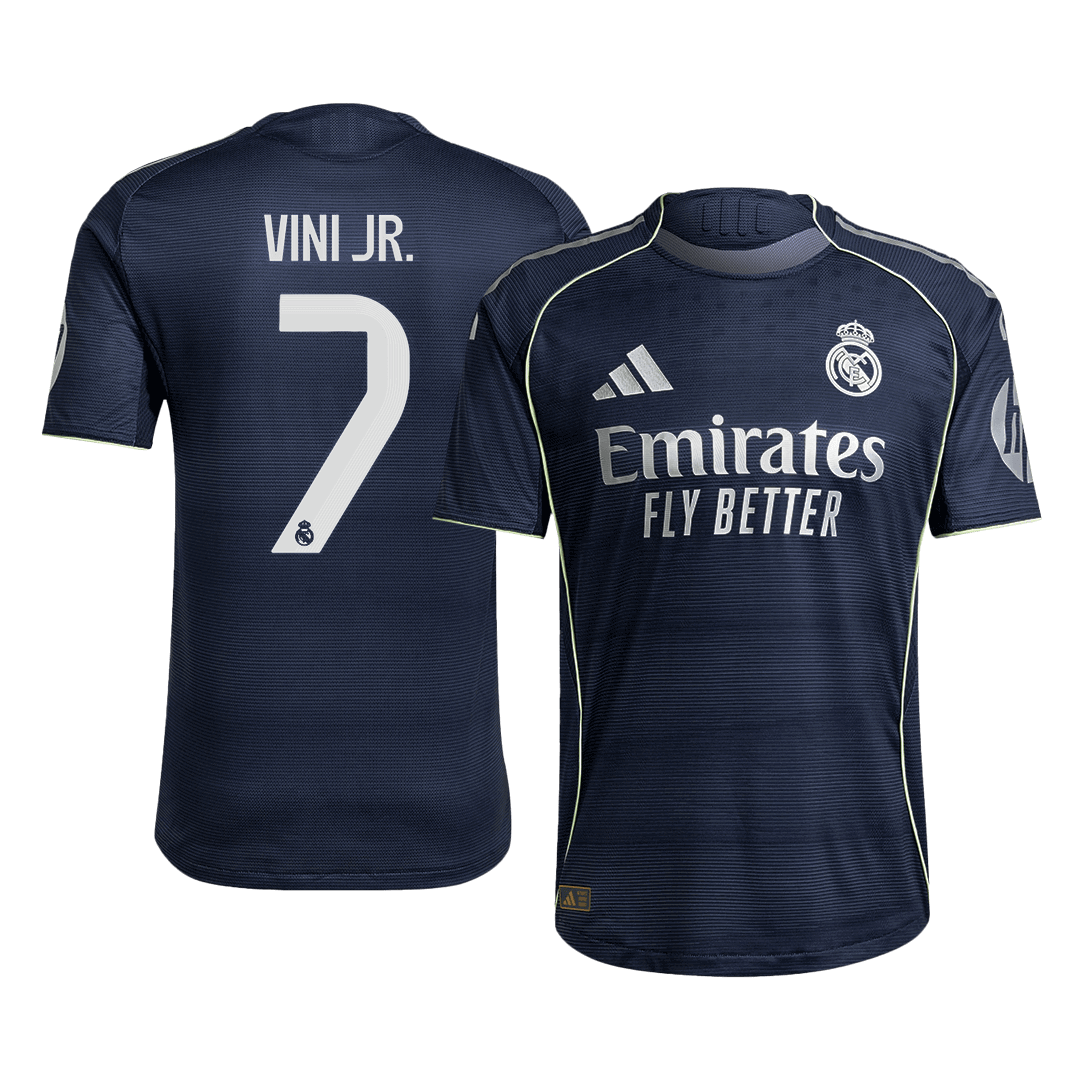 Jogador VINI JR. #7 Real Madrid Fora Futebol Camisas 2025/26 Marinha camisola de futebol
