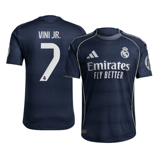 Jogador VINI JR. #7 Real Madrid Fora Futebol Camisas 2025/26 Marinha camisola de futebol