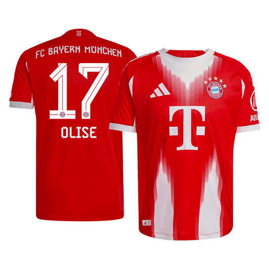 Jogador OLISE #17 Bayern Munich Casa Futebol Camisas 2025/26 Vermelho camisola de futebol
