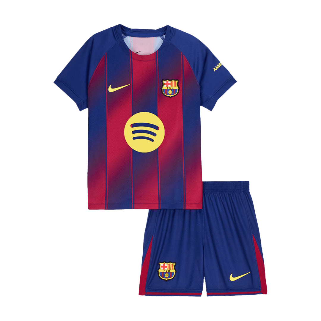 Barcelona 
Casa 
Camisas Infantis 
Conjunto 2025/26 
 Piros-Kék camisola de futebol