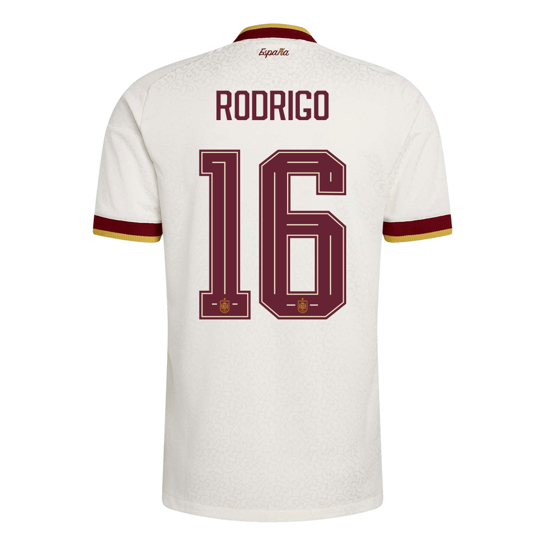 Versão do Jogador RODRIGO #16 Espanha Fora Copa do Mundo Futebol Camisas 2026 Branco