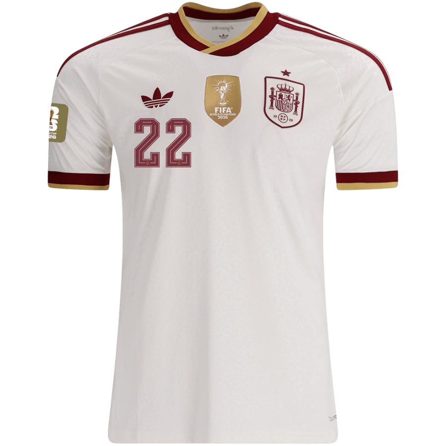 Versão do Jogador CUBARSÍ #22 Spain Fora Copa do Mundo Futebol Camisas 2026 Branco