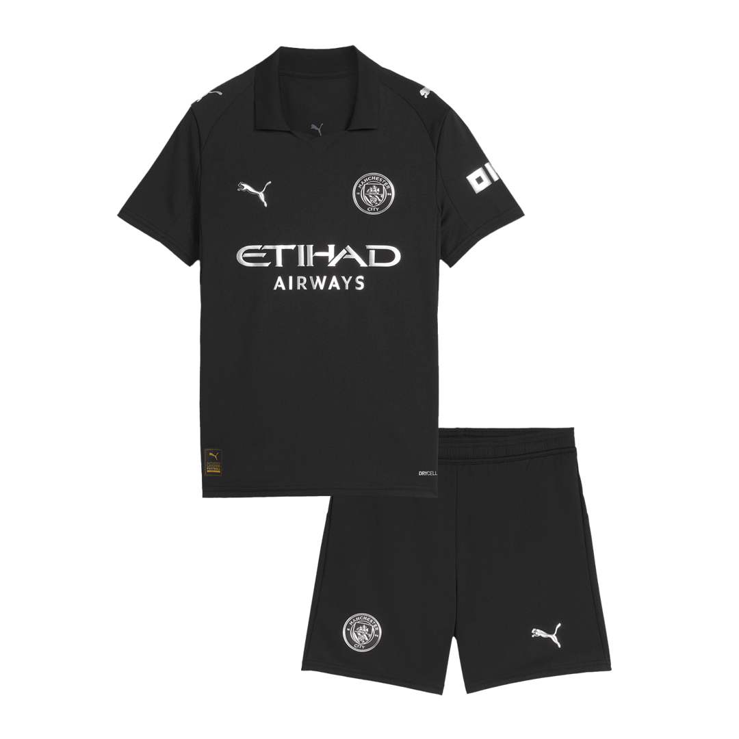 Manchester City 
 Fora 
Camisas Infantis 
Conjunto 2025/26 
 Preto camisola de futebol