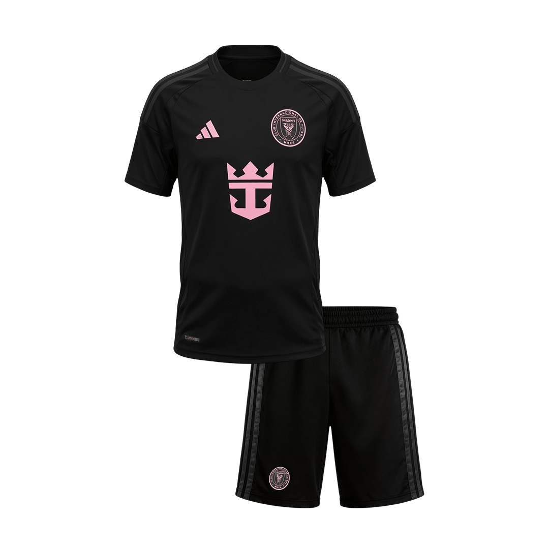 Inter Miami CF Infantil Fora Futebol Camisa Conjunto (Camisa+Shorts) Copa do Mundo 2026 Preto - camisola de