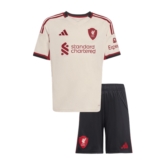 Liverpool 
 Fora 
Camisas Infantis 
Conjunto 2025/26 
 Branco camisola de futebol
