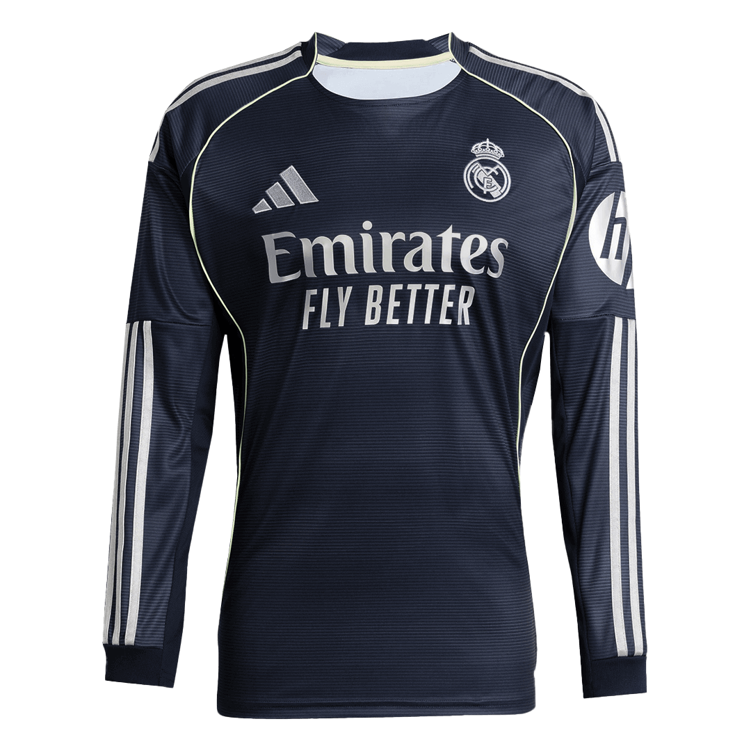 Real Madrid Fora Manga Longa Futebol Camisa 2025/26 Azul&Marinho camisola de futebol