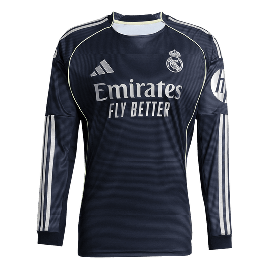 Real Madrid Fora Manga Longa Futebol Camisa 2025/26 Azul&Marinho camisola de futebol