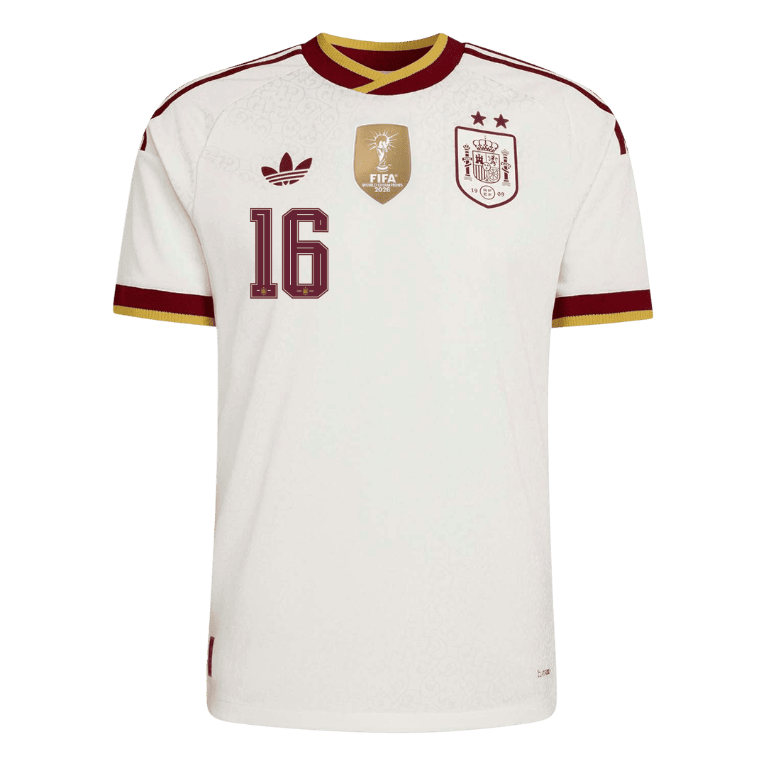 Versão do Jogador RODRIGO #16 Spain Fora Copa do Mundo Futebol Camisas 2026 Branco