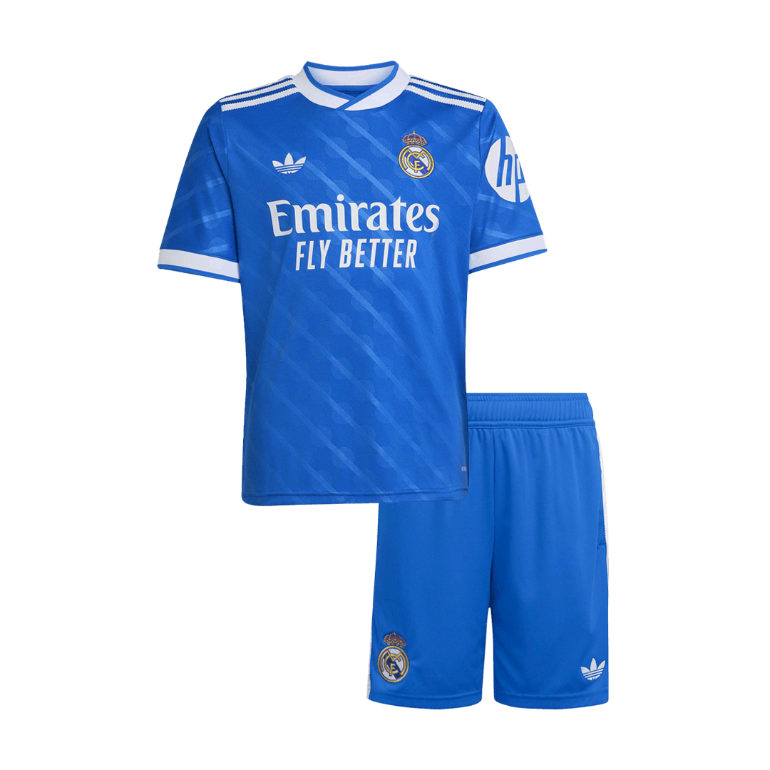 Real Madrid Infantil Fora Terceira Conjunto (Camisa + Calção) 2025/26 Azul camisola de futebol