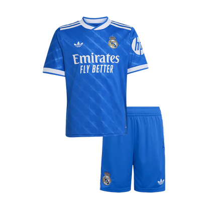 Real Madrid Infantil Fora Terceira Conjunto (Camisa + Calção) 2025/26 Azul camisola de futebol