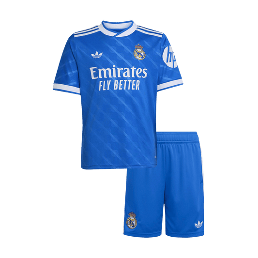 Real Madrid Infantil Fora Terceira Conjunto (Camisa + Calção) 2025/26 Azul camisola de futebol