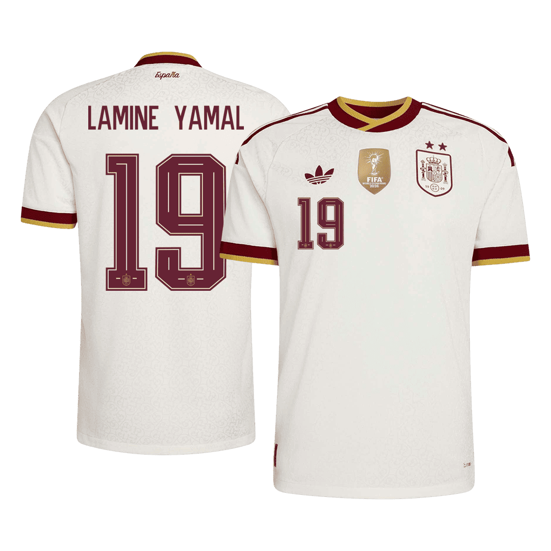 Versão do Jogador LAMINE YAMAL #19 Spain Fora Copa do Mundo Futebol Camisas 2026 Branco