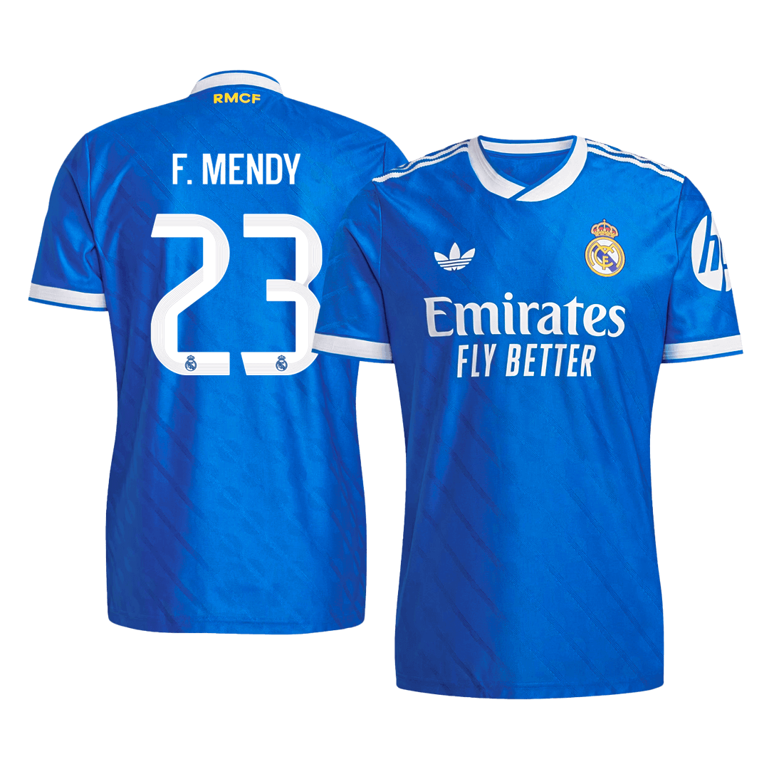 Jogador F. MENDY #23 Real Madrid Fora Terceira Futebol Camisas 2025/26 Azul camisola de futebol