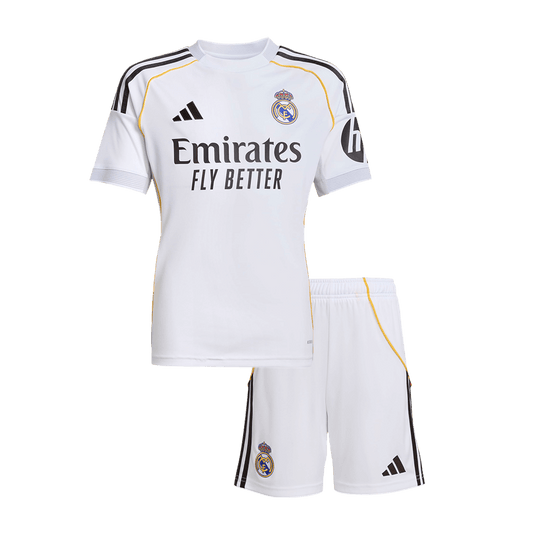 Infantil Real Madrid Casa Futebol Camisa Conjunto(Camisa+Calção) 2025/26 Branco camisola de futebol