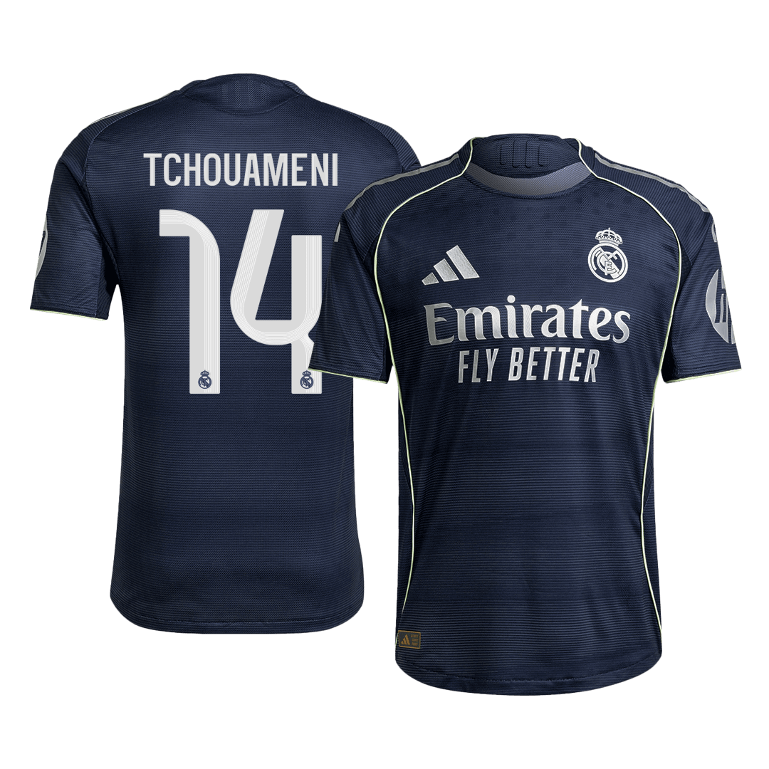 Jogador TCHOUAMENI #14 Real Madrid Fora Futebol Camisas 2025/26 Marinha camisola de futebol
