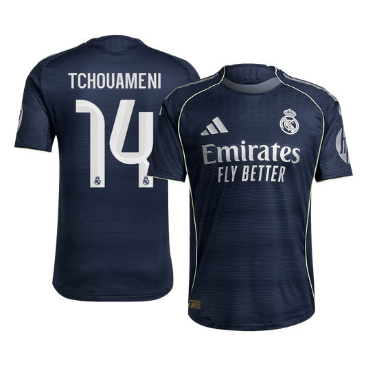 Jogador TCHOUAMENI #14 Real Madrid Fora Futebol Camisas 2025/26 Marinha camisola de futebol