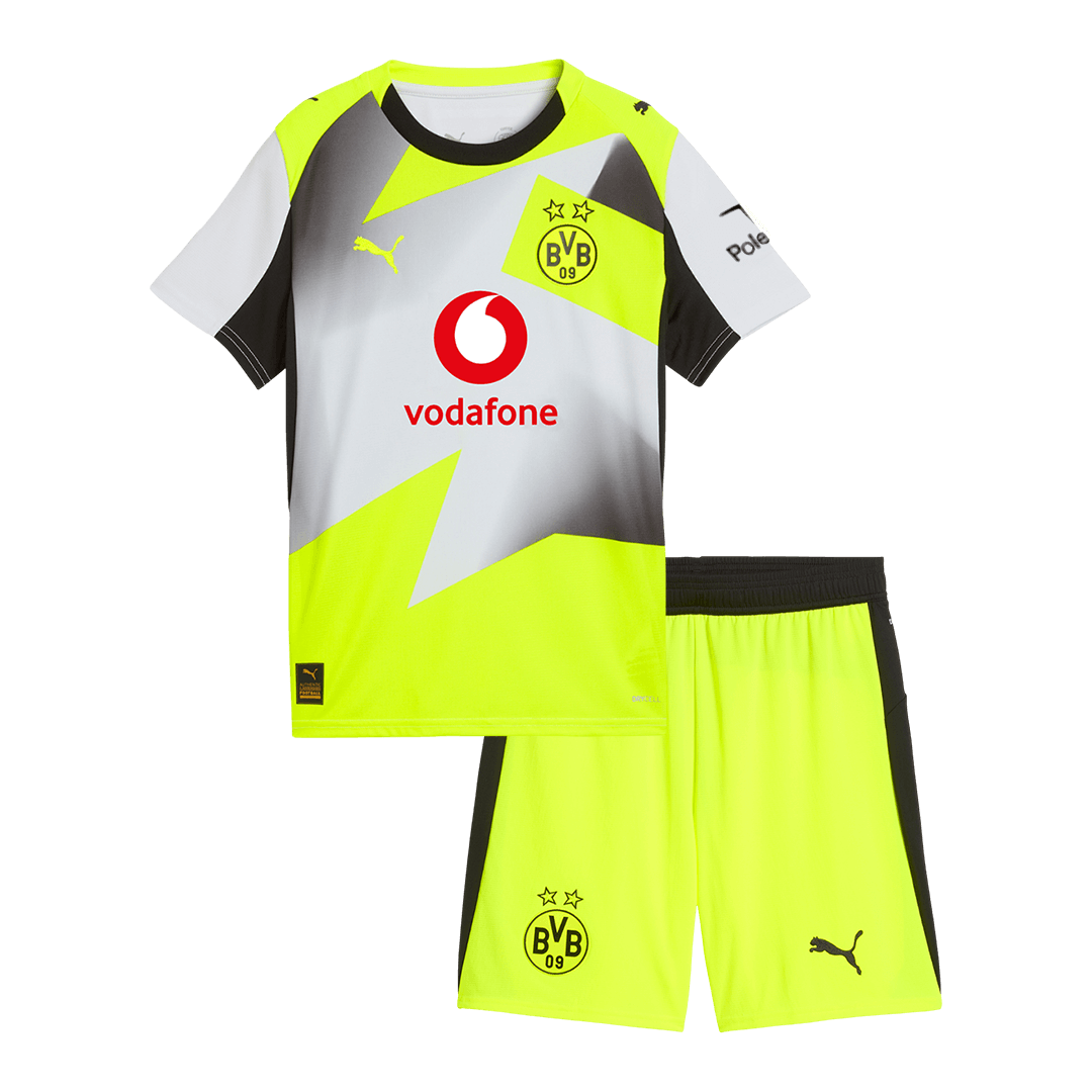 Borussia Dortmund Infantil 
 Fora Conjunto (Camisa+Shorts) 2025/26 Cinza camisola de futebol