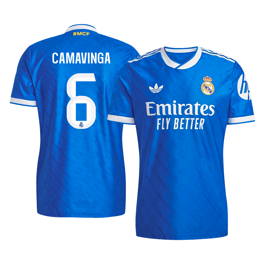 Jogador CAMAVINGA #6 Real Madrid Fora Terceira Futebol Camisas 2025/26 Azul camisola de futebol