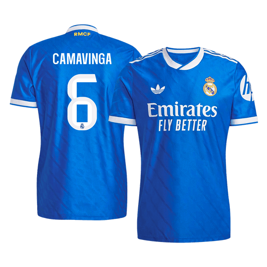 Jogador CAMAVINGA #6 Real Madrid Fora Terceira Futebol Camisas 2025/26 Azul camisola de futebol